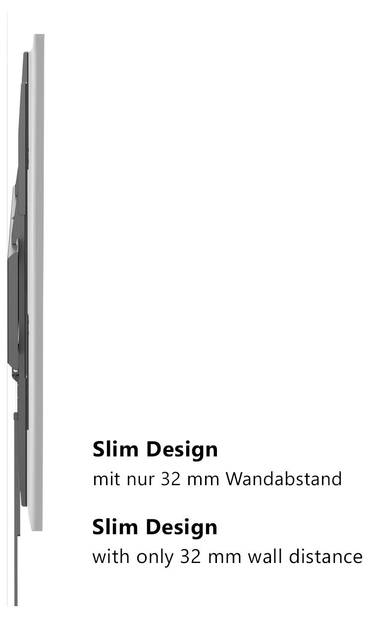 Side view of a slim TV mounted close to the wall, highlighting a 'Slim Design' with a '32 mm wall distance'.