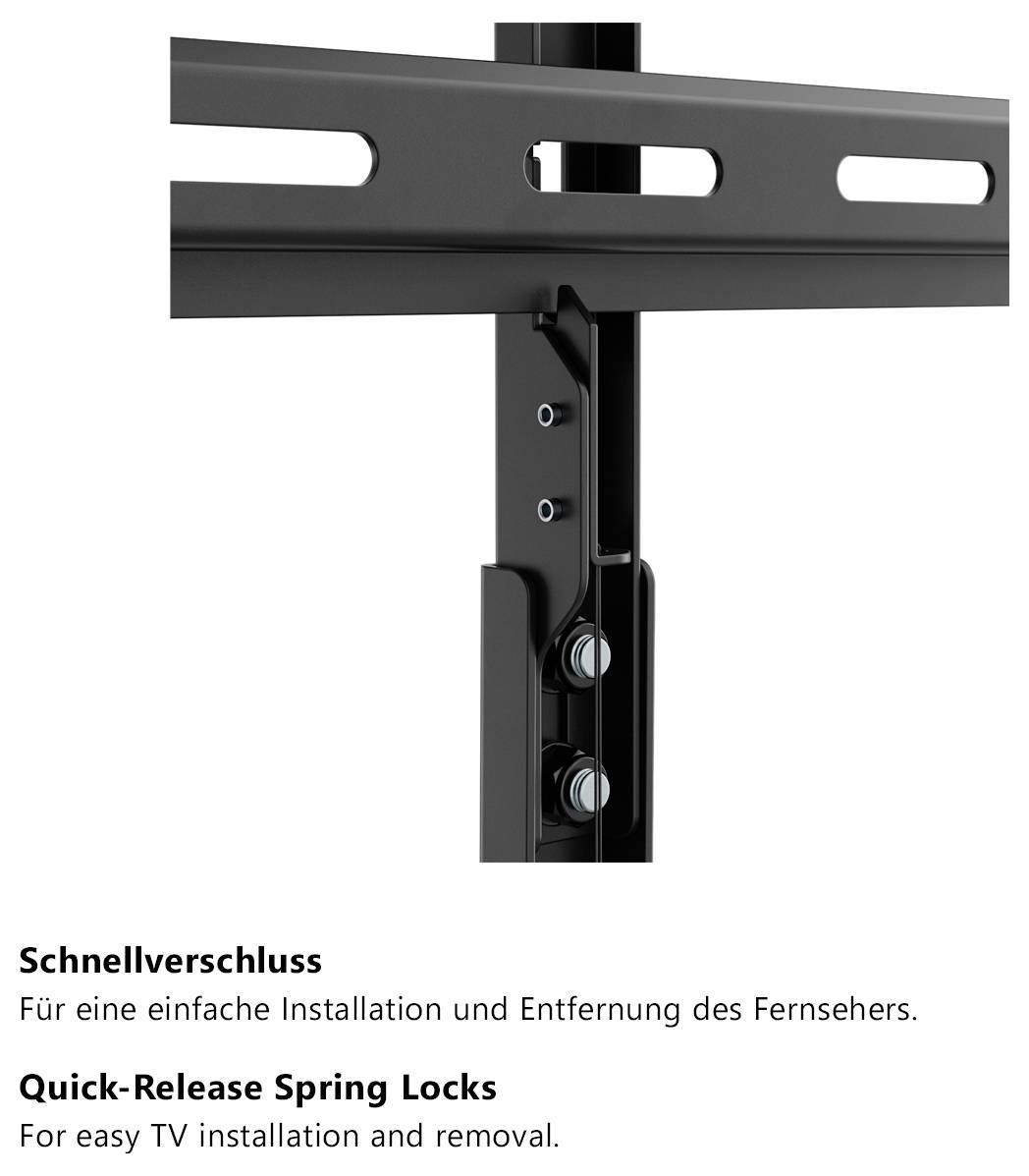TV wall mount bracket features 'Quick-Release Spring Locks' for easy installation and removal, enhancing user convenience.