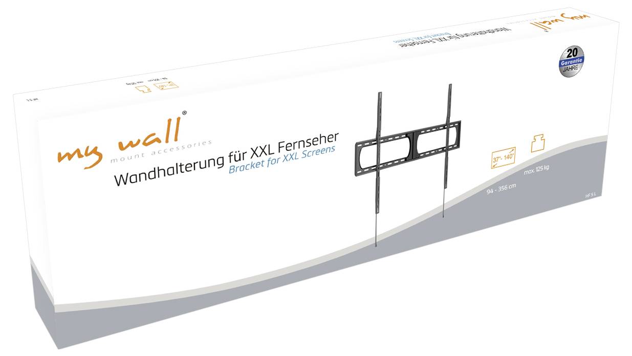 Box of a wall mount for XXL televisions, showing an image of the bracket and text in German and English. The package mentions '20 Jahre Garantie' (20-year warranty).
