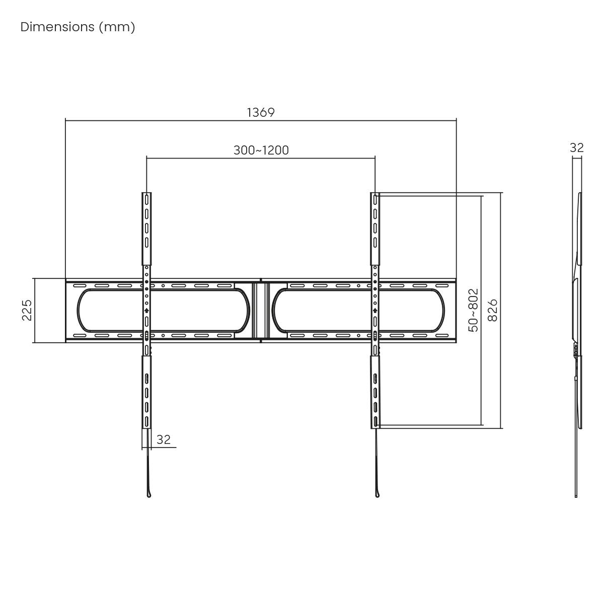 'Dimensions (mm)' diagram shows a structure with width 1369mm, variable spacing 300-1200mm, and height 826mm. Side view height is 32mm.