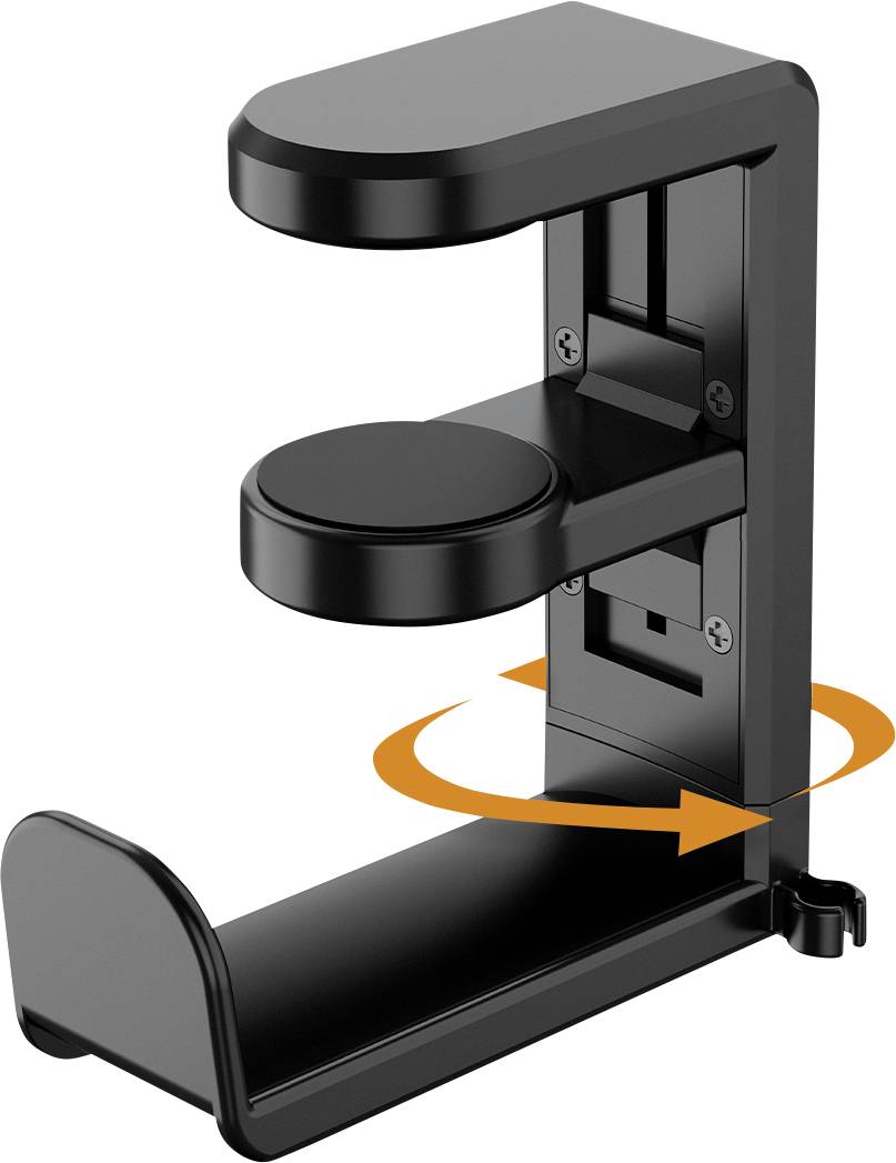 Desk clamp headphone holder with 360-degree rotation feature, shown in black.