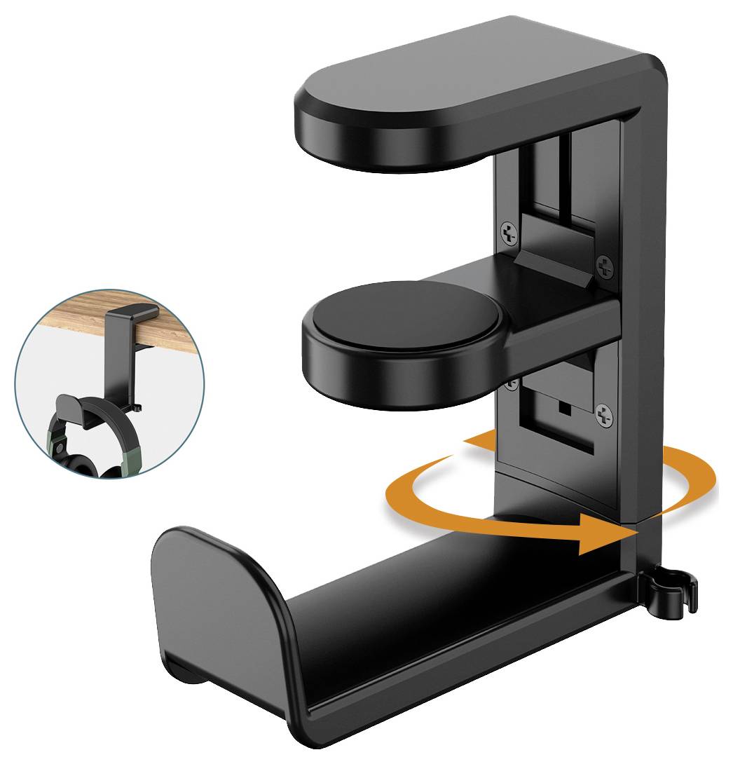 A black clamp desk hook with adjustable arm shown holding headphones. An inset image illustrates the clamp attached to a table edge.