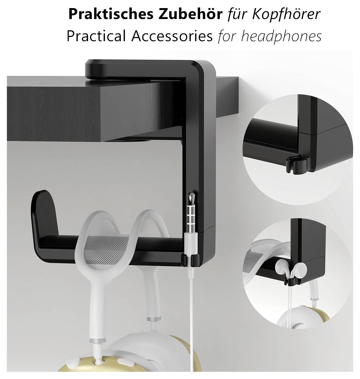 'Hanging hook for headphones mounted on a desk, featuring a clamp and cable holder. Offers practical accessory storage for headphones.'