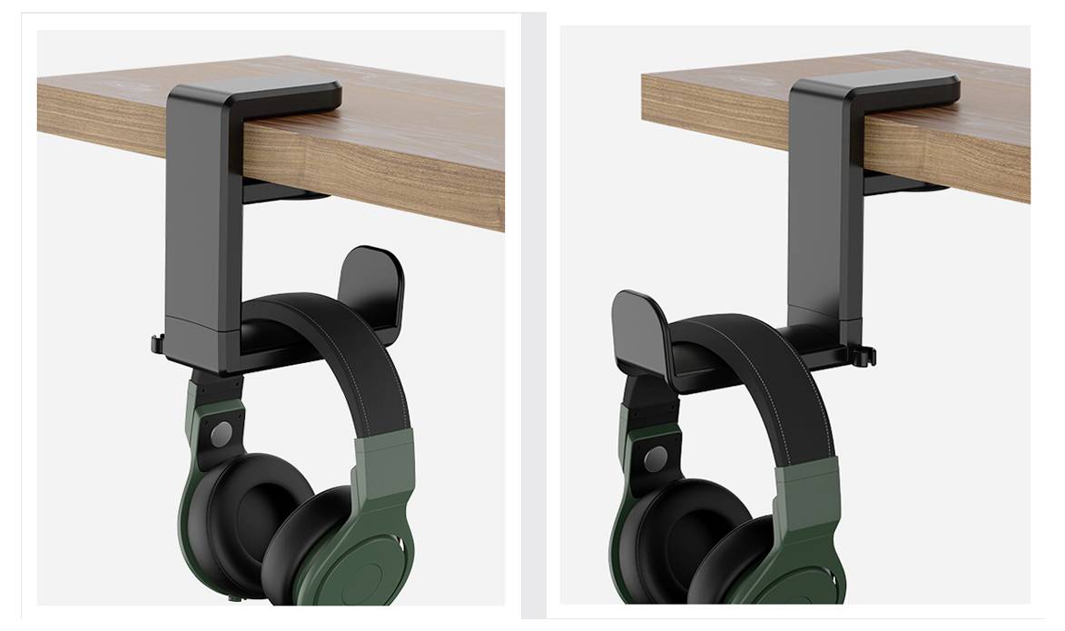 Headphone hangers clamped to a desk edge in two views, each supporting a pair of green and black headphones.