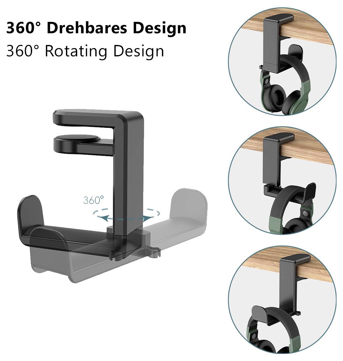 '360° Rotating Design' headphone holder shown attached to a desk with images illustrating its rotational capability and versatility.