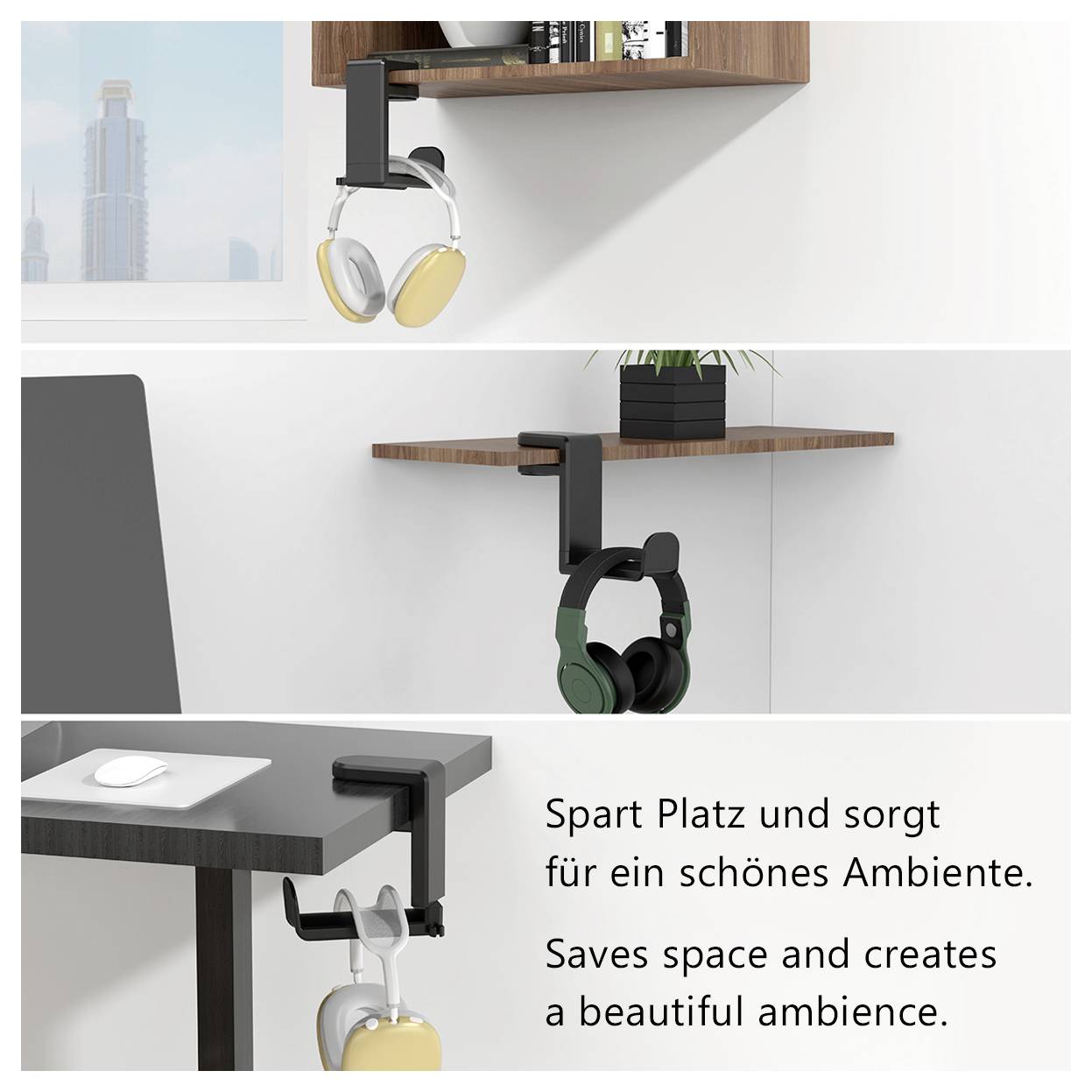 A headphone stand attached to shelves and a desk, holding headphones. Text reads 'Saves space and creates a beautiful ambience.'