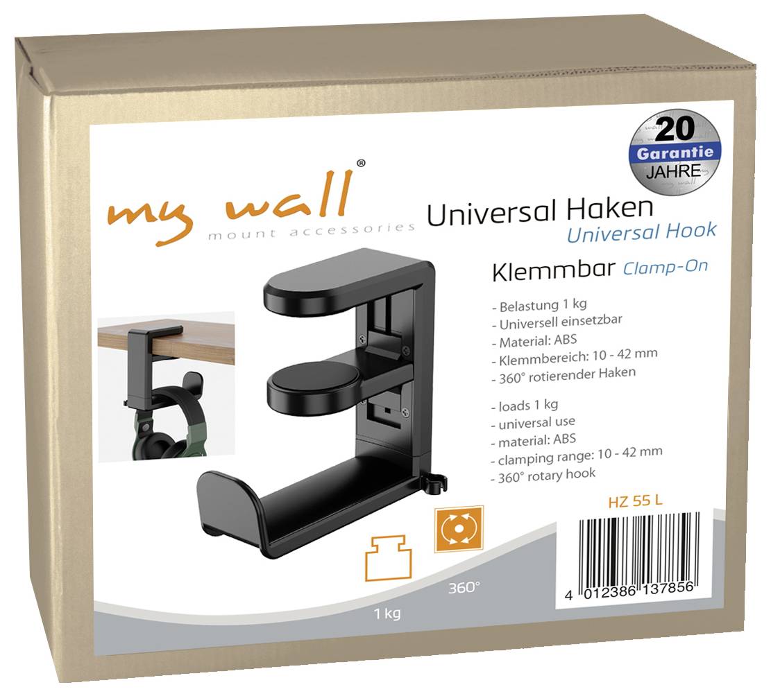 Box showing a clamp-on universal hook for desks, load capacity 1 kg, adjustable clamp range 10-42 mm, 360-degree rotation, model 'HZ 55 L'.