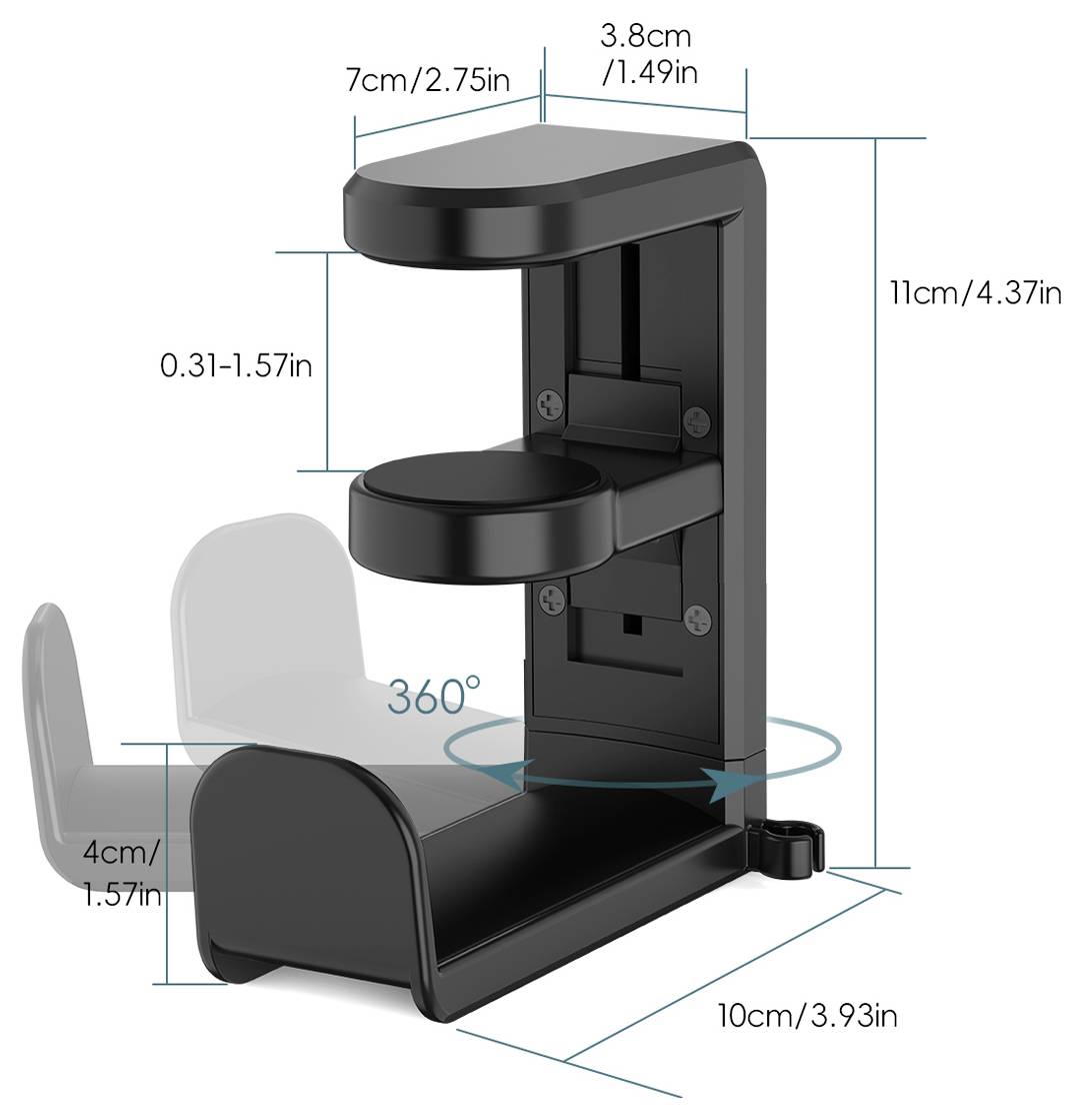 'Adjustable under-desk headphone holder, rotates 360°, dimensions: 7cm/2.75in wide, 11cm/4.37in high, 10cm/3.93in deep.'