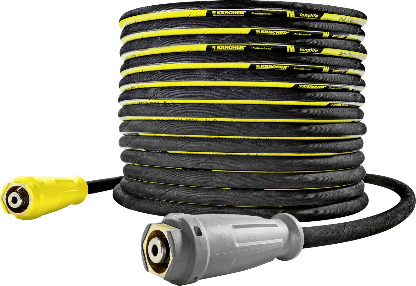 'High pressure hose, coiled and labeled 'Karcher Professional', with yellow and gray connectors.'