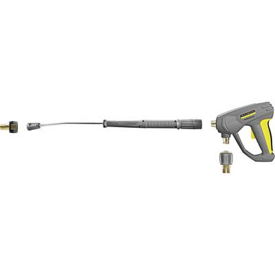 Pressure washer parts including a nozzle, extension wand, and spray gun, branded with 'Kärcher' on the handle.