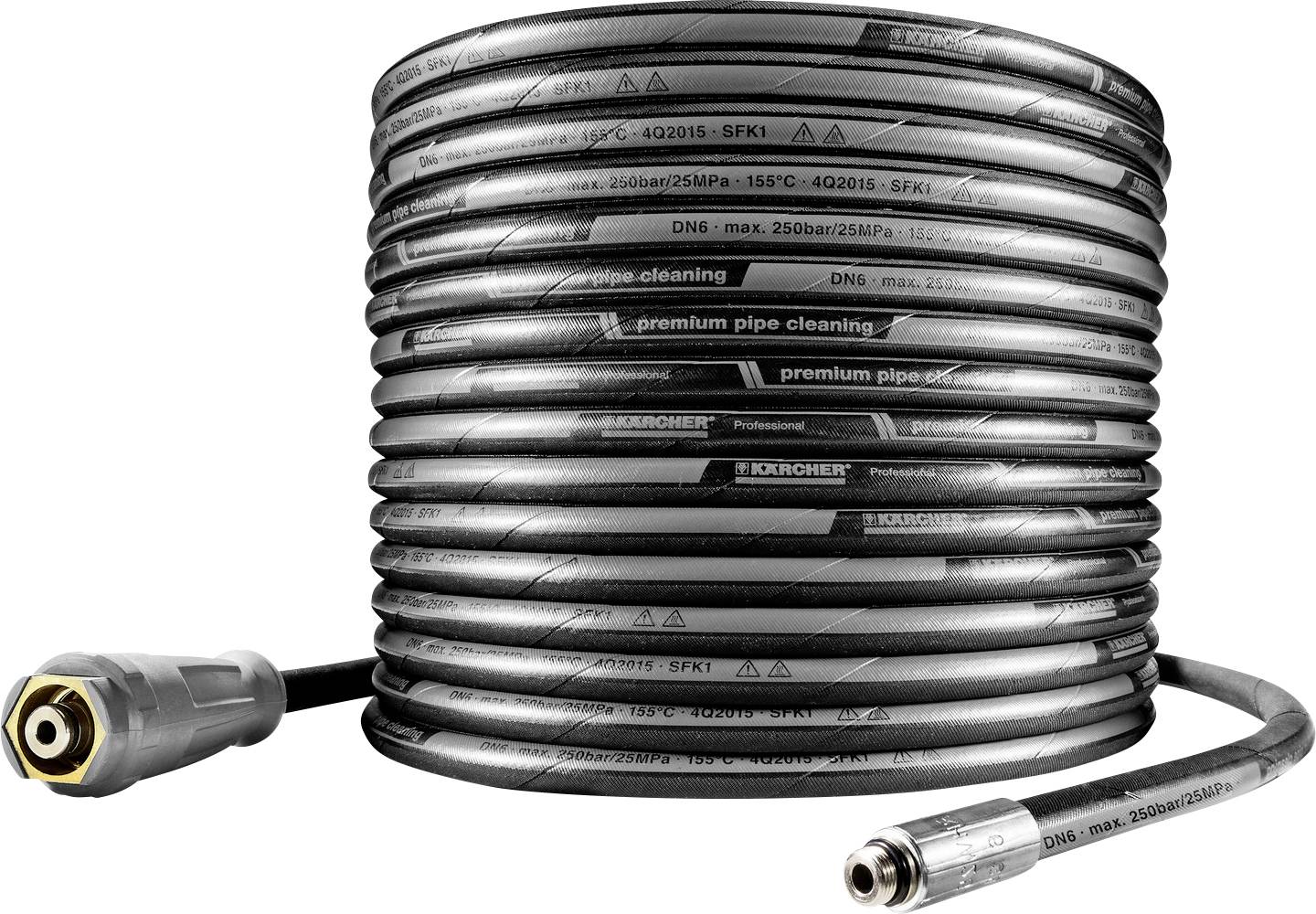 Coiled high-pressure hose with metal connectors, labeled 'premium pipe cleaning,' designed for efficient pipe maintenance solutions.