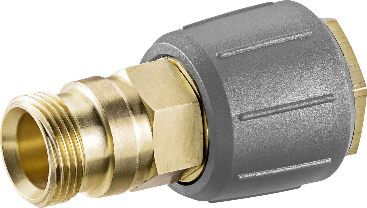 A brass garden hose connector with a gray grip, featuring threaded ends for attaching hoses securely.