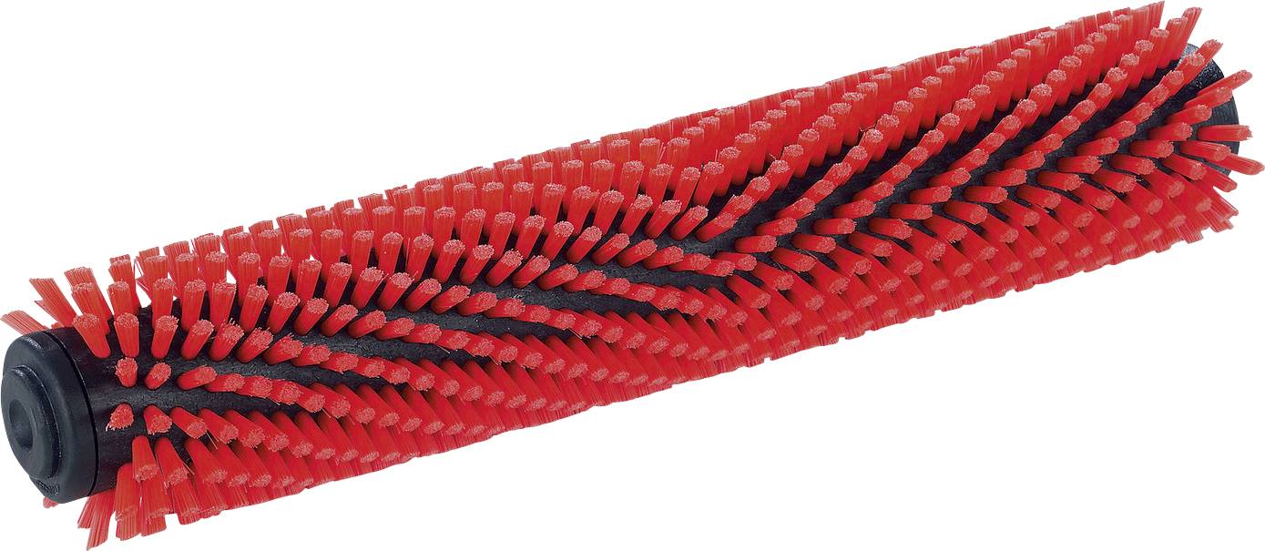 A red and black cylindrical vacuum roller brush with angled bristles for enhanced cleaning efficiency.