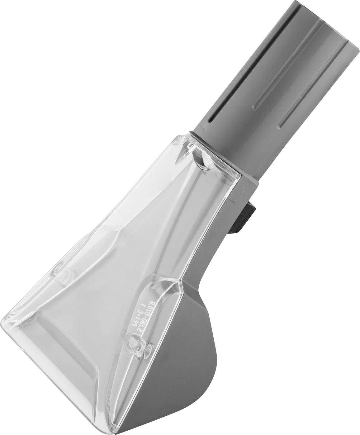 Vacuum cleaner attachment with clear plastic nozzle and grey handle, designed for upholstery and small areas, isolated on white background.