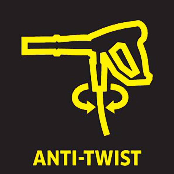 'Anti-Twist' yellow icon with an image of a tool showing directional arrows indicating prevention of twisting, against a black background.