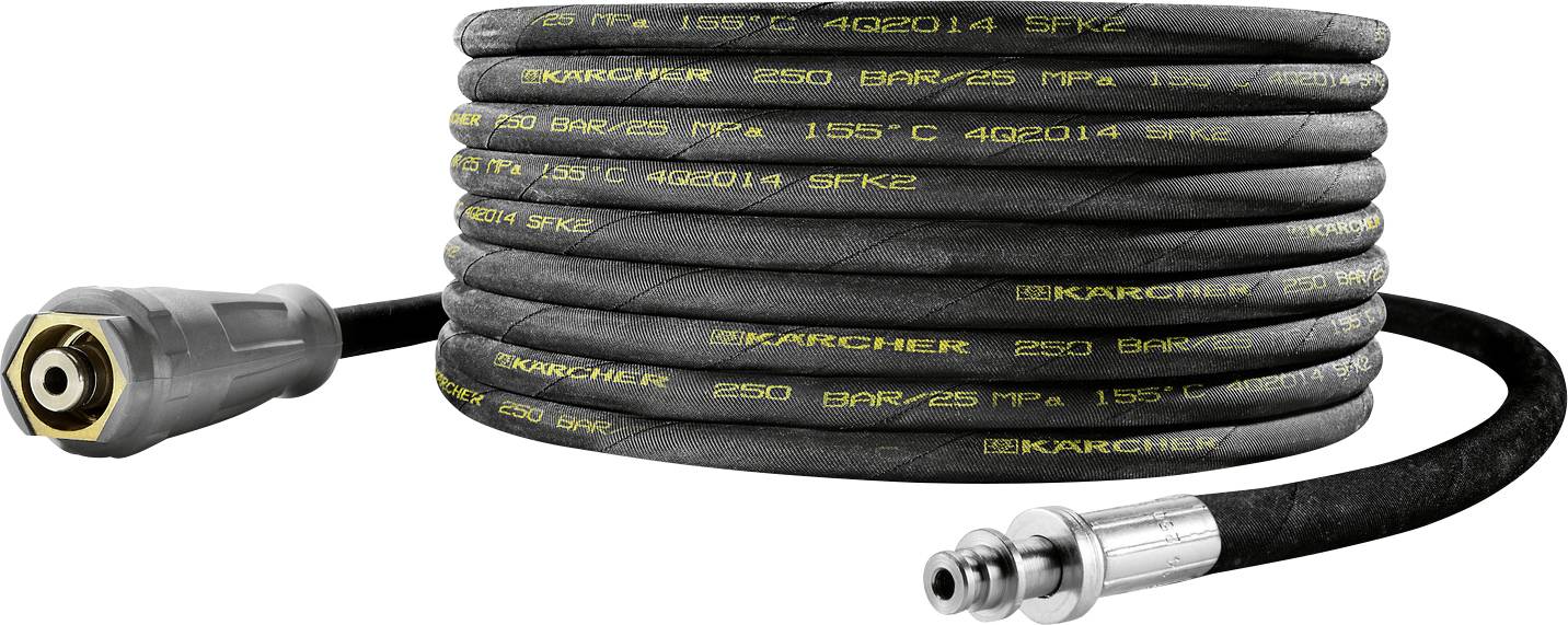'A coiled, heavy-duty pressure washer hose with metal connectors, featuring yellow text detailing specifications on its black surface.'