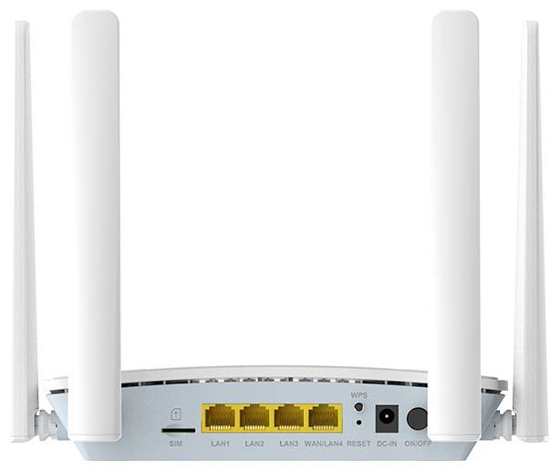 A wireless router with four antennas, showing ports for SIM, LAN, WAN, power, reset button, and WPS for connectivity options.