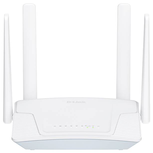 A white D-Link Wi-Fi router with four antennas and LED indicators on the front panel, set against a plain background.