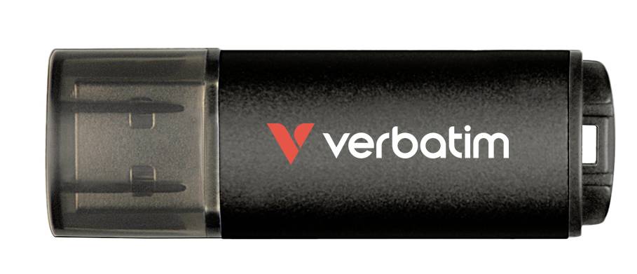 Black Verbatim USB flash drive with translucent cap and red-and-white logo, shown horizontally on a white background.