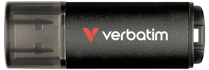 Black Verbatim USB flash drive with a translucent cap on the left and keyring loop on the right.<br>