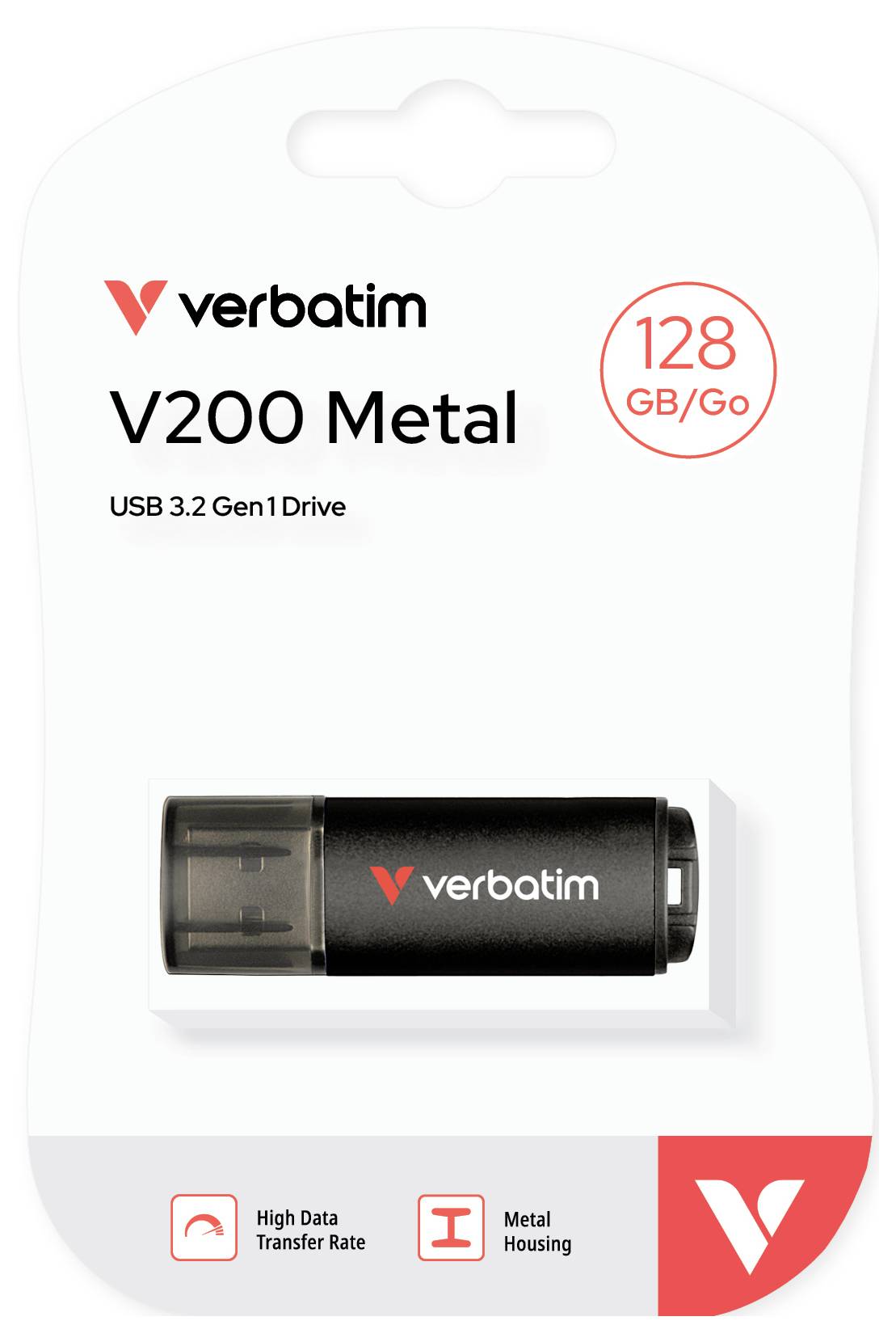 Verbatim V200 Metal 128 GB USB 3.2 Gen 1 Drive package showing a black metal USB flash drive and high data transfer rate.