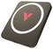 Black square device with rounded corners and a white circular ring around a red logo on the front.