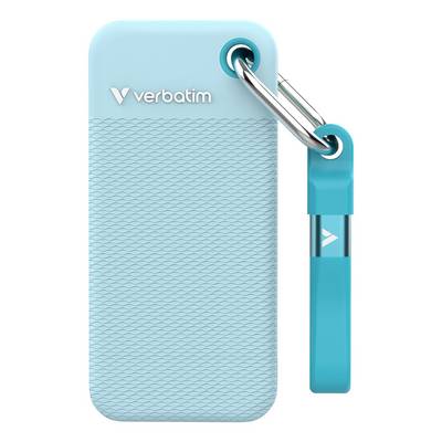 Turquoise Verbatim portable device or case with a silver carabiner-style clip attached to a matching blue strap.<br>