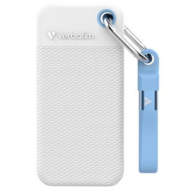 White Verbatim portable drive with textured front, attached to a blue keychain carabiner and metal loop.