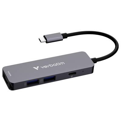 Verbatim USB-C hub adapter with HDMI, USB ports, and SD card slots, shown with attached cable.<br>