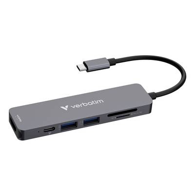 Verbatim USB-C hub with two USB-A ports, SD/microSD slots, and attached USB-C cable.