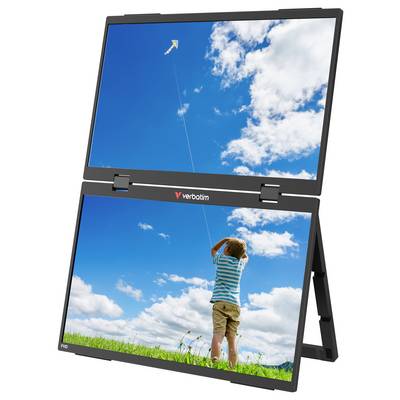 Portable dual-screen monitor showing a sky-and-kite image on top and a child flying a kite in a grassy field on bottom.