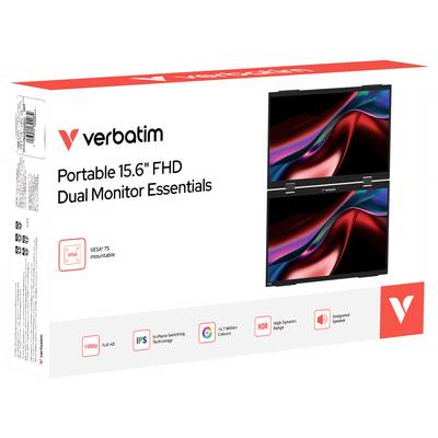 Verbatim Portable 15.6' FHD Dual Monitor Essentials package showing two stacked monitors and features like VESA mount, IPS, HDR, and integrated speaker.