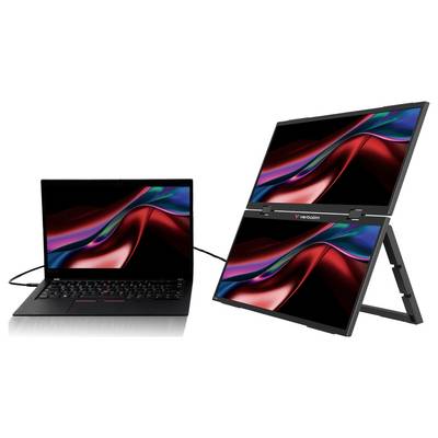 Laptop connected to a dual-screen portable monitor setup, showing the same colorful abstract wallpaper on two stacked displays.
