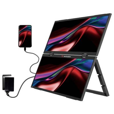 Portable dual-screen monitor setup with a smartphone connected by cable, showing the phone’s display mirrored on the top screen; Verbatim branding visible.