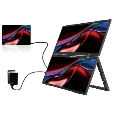 Dual portable monitors connected by cable to a laptop/tablet, showing the same abstract red and blue wave display on each screen.