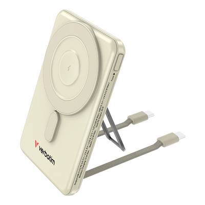 Beige Verbatim magnetic wireless charging stand with fold-out kickstand and two attached charging cables.