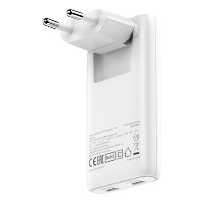 White European-style two-prong power adapter charger shown on a plain background, with printed technical specifications and certification marks.