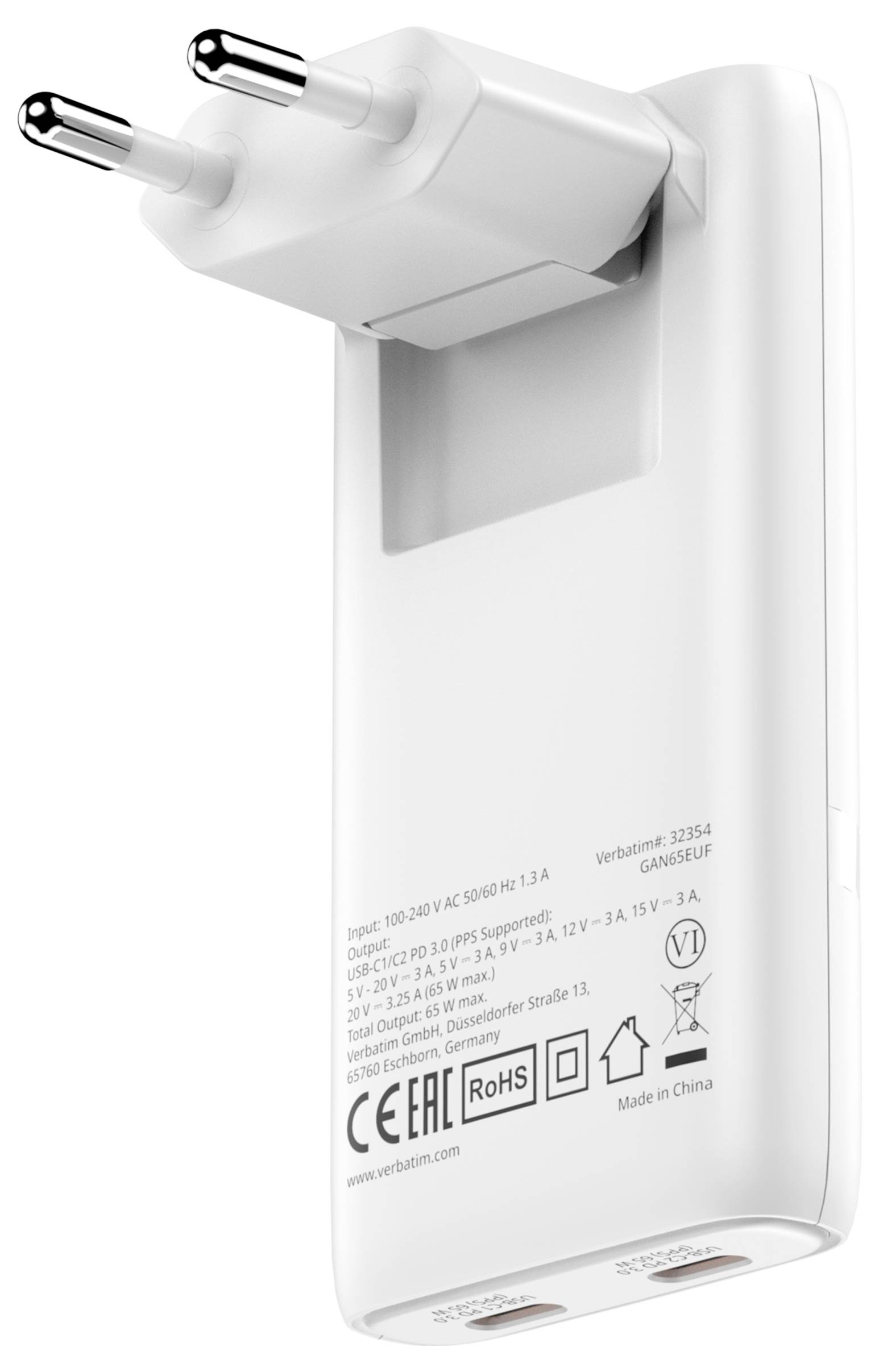 White USB wall charger with European two-prong plug and dual USB ports, shown with printed electrical specifications on the front.