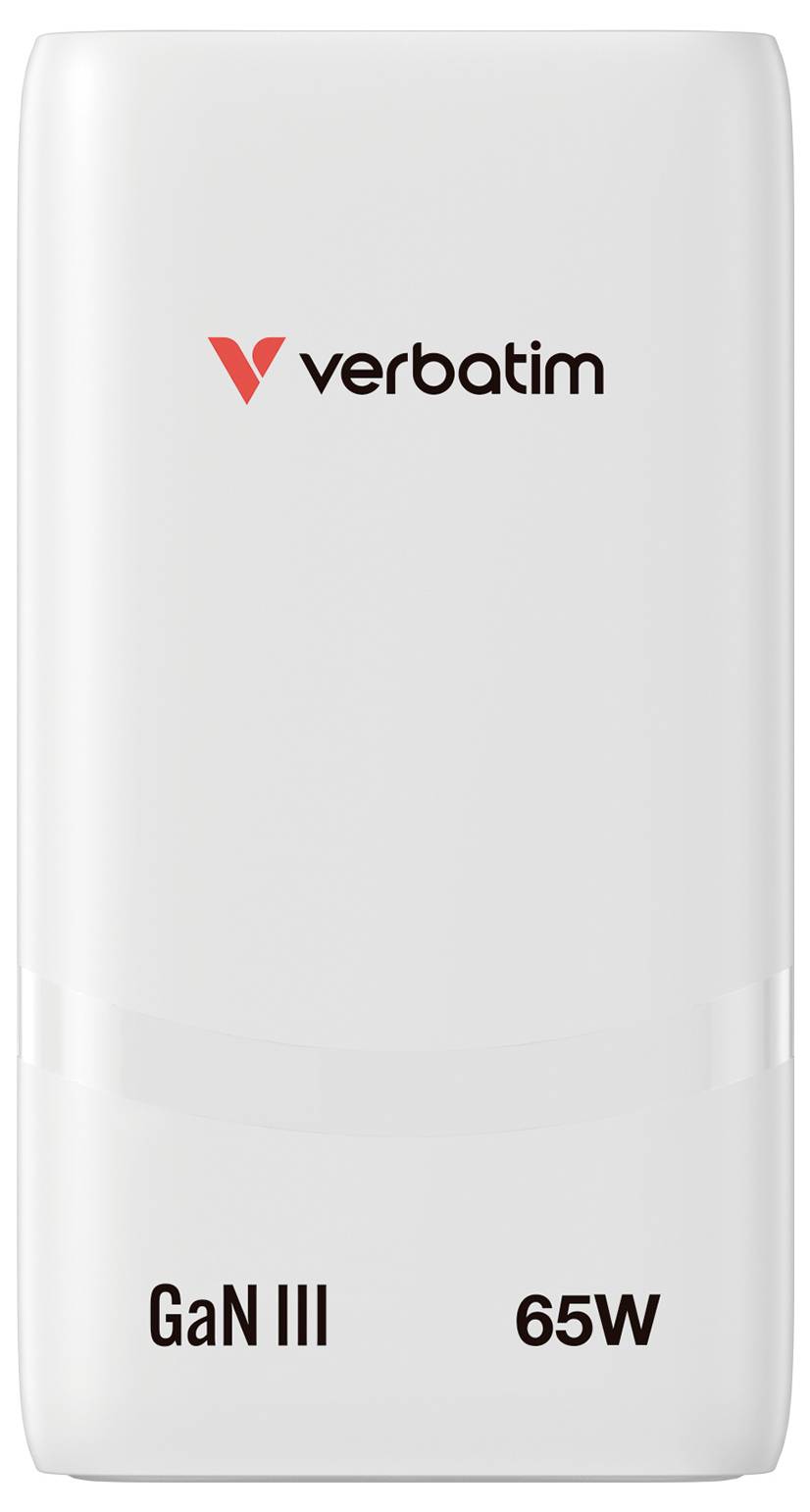 White Verbatim GaN III 65W power adapter with logo on the front.