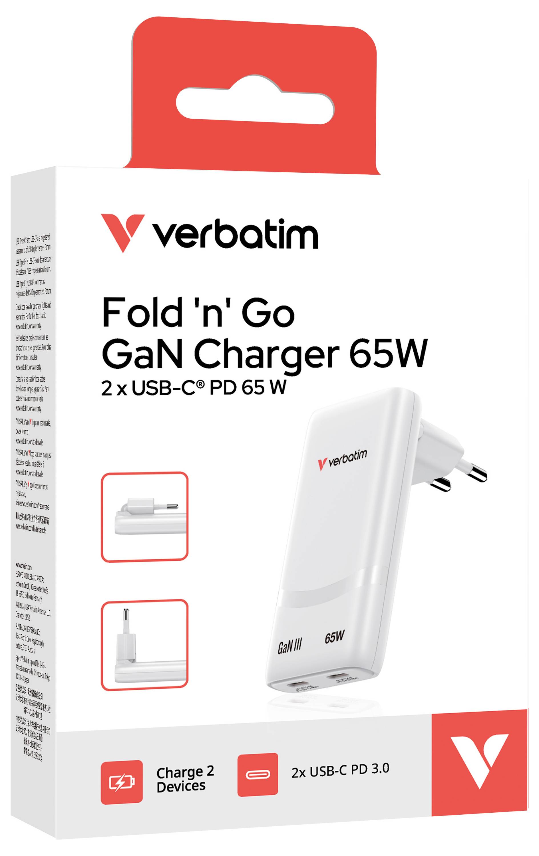 Verbatim Fold 'n' Go GaN Charger 65W retail box with product image and text noting '2x USB-C PD 65W' and 'Charge 2 Devices'.<br>