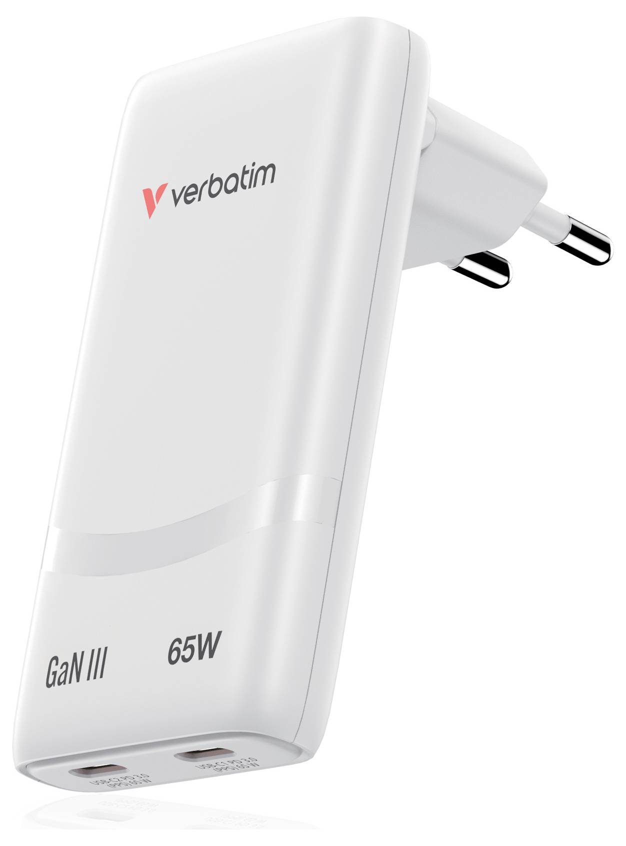 White Verbatim 65W GaN III wall charger with two-pin plug and dual USB ports, shown on a plain background.
