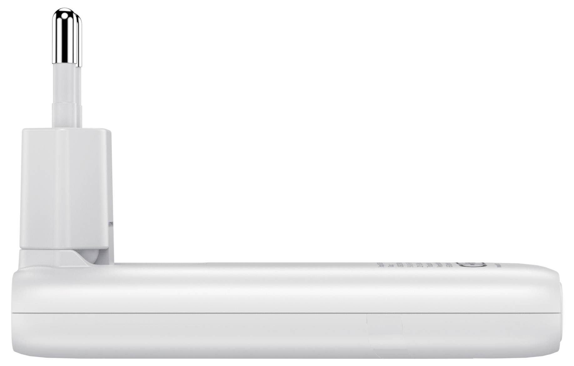 White compact plug-in electrical adapter with a single prong and low-profile rectangular base, shown in side view on a white background.
