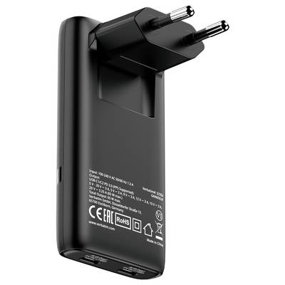 Black dual-pin USB wall charger adapter with printed electrical specifications and certification marks<br>