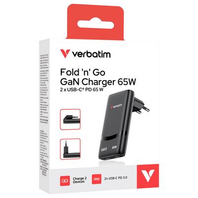 Verbatim Fold 'n' Go GaN Charger 65W box packaging, showing a black foldable USB-C charger and 'Charge 2 Devices' on the front.