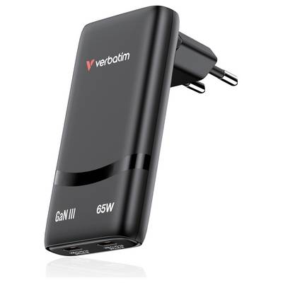 Black Verbatim GaN III 65W wall charger with two USB ports and folding European plug prongs.<br>