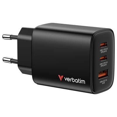 Black Verbatim wall charger with two European plug pins and three USB ports, labeled USB-C PD 3.0 and USB-A QC 3.0.
