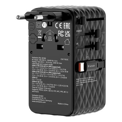 Black Verbatim universal travel adapter with interchangeable plug sliders and multiple USB ports, shown front and side with printed technical specs.