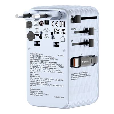 Verbatim universal travel adapter with sliding plug pins and multiple outlet types labeled for USA/AUS, UK, and CZ.