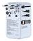Verbatim universal travel adapter with sliding plug pins and multiple outlet types labeled for USA/AUS, UK, and CZ.