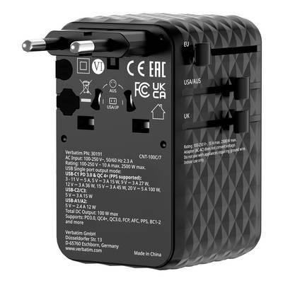 Black Verbatim universal travel adapter with EU, UK, and USA/AUS plugs and printed power ratings on the front.